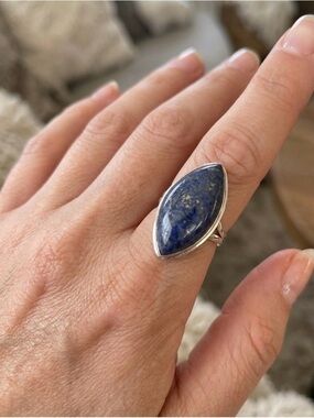 Sodalite Marquise Statement Ring Silver Tone Boho Size 8